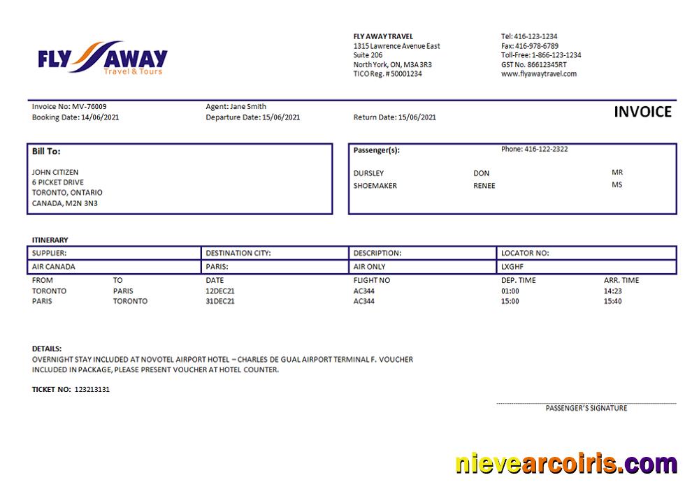USA Fly Away Travel agency invoice